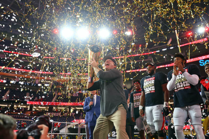 Jan 9, 2023; Inglewood, CA, USA; Georgia Bulldogs head coach Kirby Smart holds the trophy after winning the CFP national championship game against the TCU Horned Frogs at SoFi Stadium.